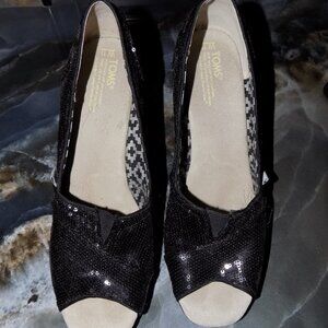 Toms Sequin Michelle Wedge Sandal Heels Black Heel Size 11 Women's